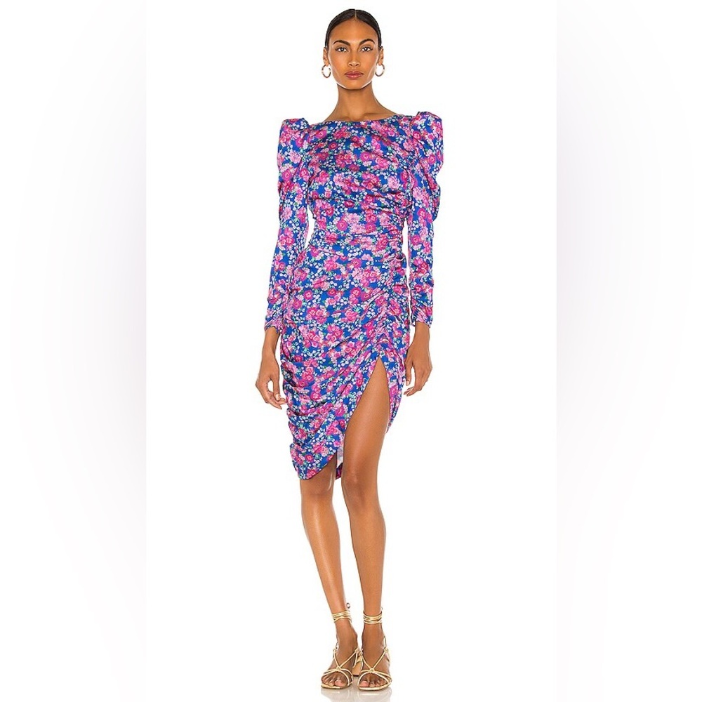 For Love & Lemons Annie Blue Purple Floral Satin Midi Dress Puff Sleeve Small